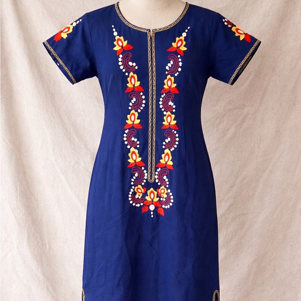 Vintage Blue Embroidered Folk Tunic Dress size S
